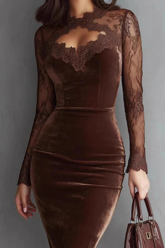 Lace Hollow Out See-Through Sleeve Slim High Waist Midi Dress