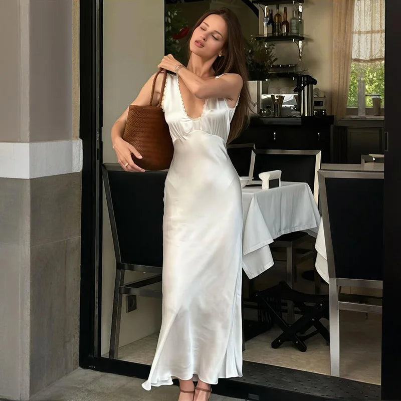 Sleeveless Slim Lace V Neck Maxi Dress