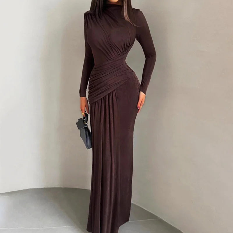 Round Neck High Waist Long Sleeve Maxi Dress