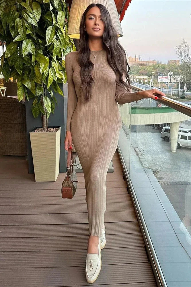Long Sleeve High Waist Patchwork Slim Maxi Dress