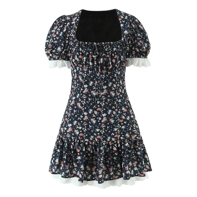 Lace Up Print Patchwork Mini Dress