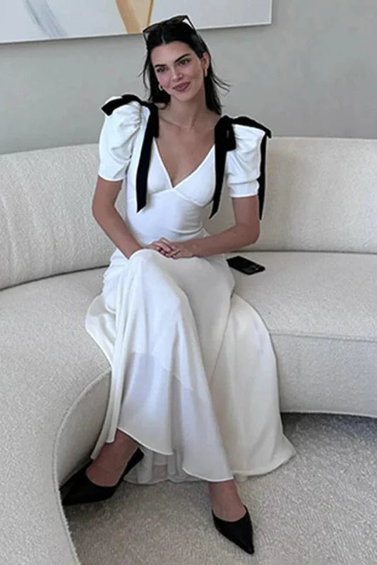 Elegant Lace Up Puff Sleeve V Neck Maxi Dress