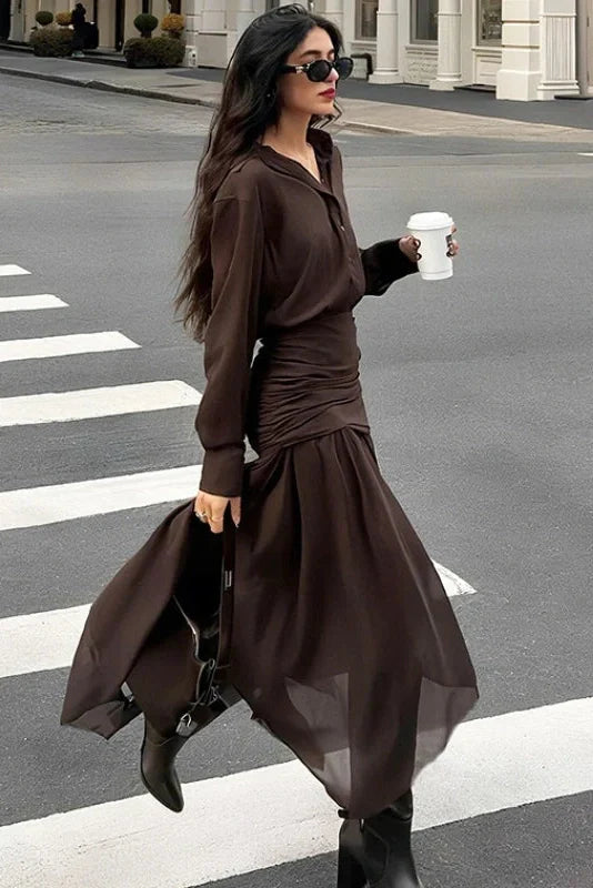 Long-Sleeved Pleated Slim High Waist Midi Dress