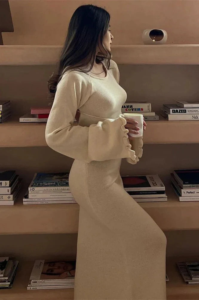 Backless Knit Lace-Up High Waist Long Sleeve Maxi Dress