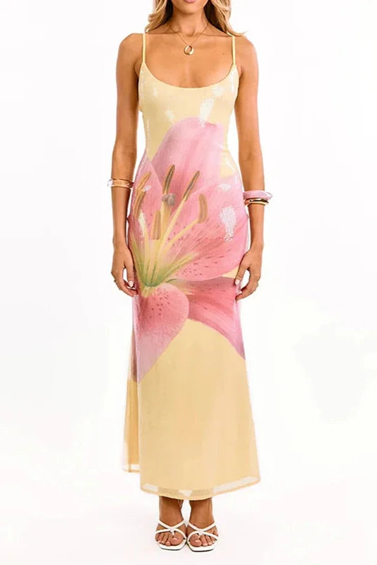 Floral Print Sleeveless Slim High Waist Backless Maxi Dress