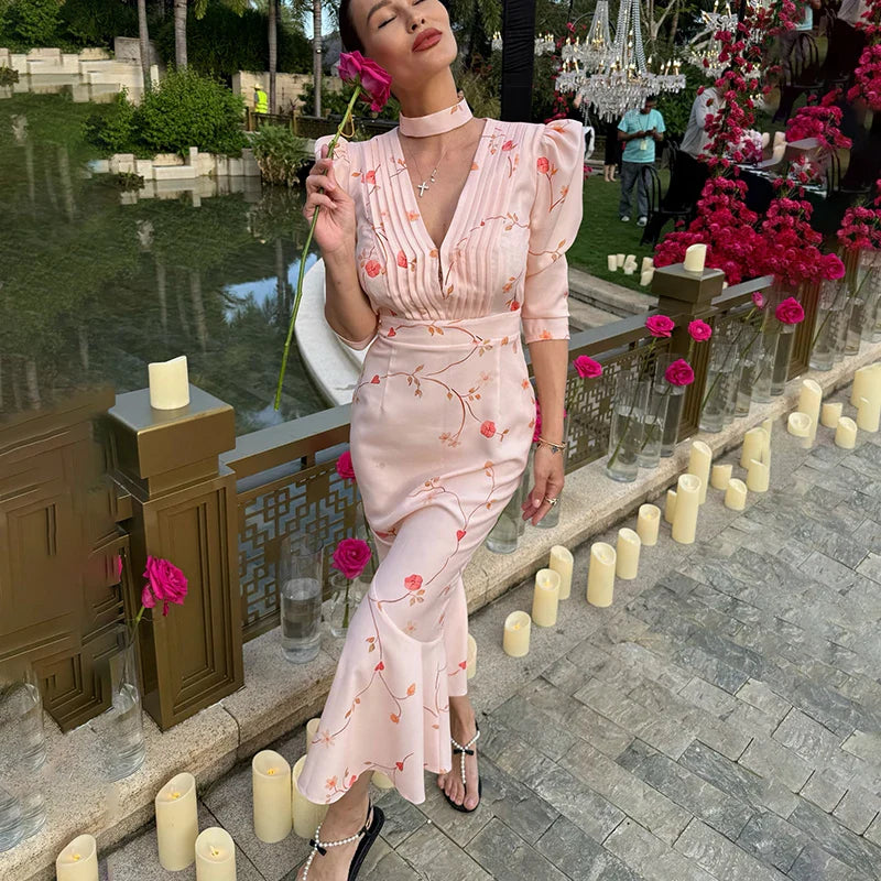 Deep V Neck Slim Long Sleeve High Waist Midi Dress