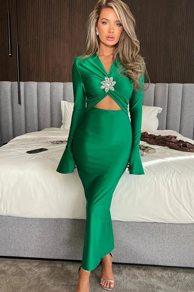 Elegant Hollow Out V Neck Long Flare Sleeve Maxi Dress