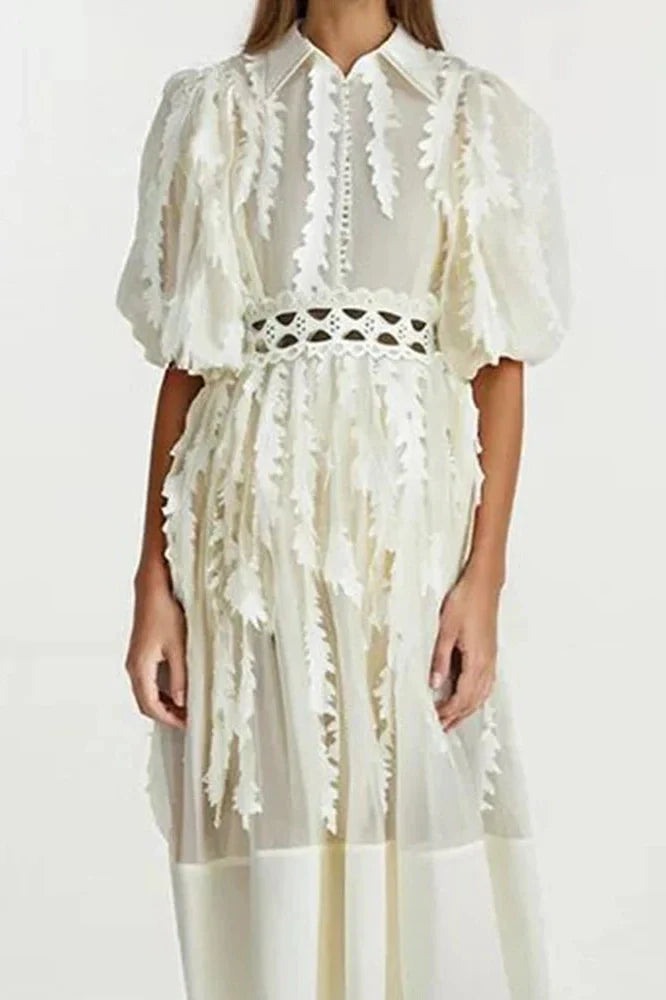 Elegant Loose Puff Sleeve High Waist Midi Dress
