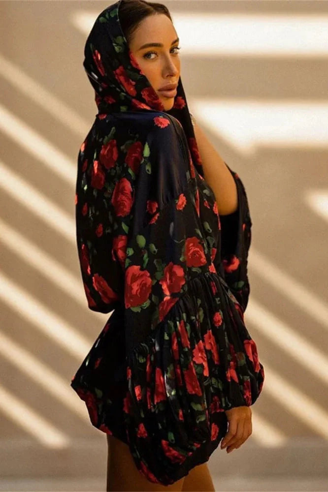 Printed Patchwork Long Sleeve Lace-Up V-Neck Mini Dress
