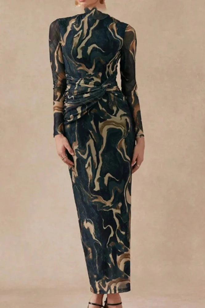 Printed Slim O-Neck Long Sleeve High Waist Maxi Dress