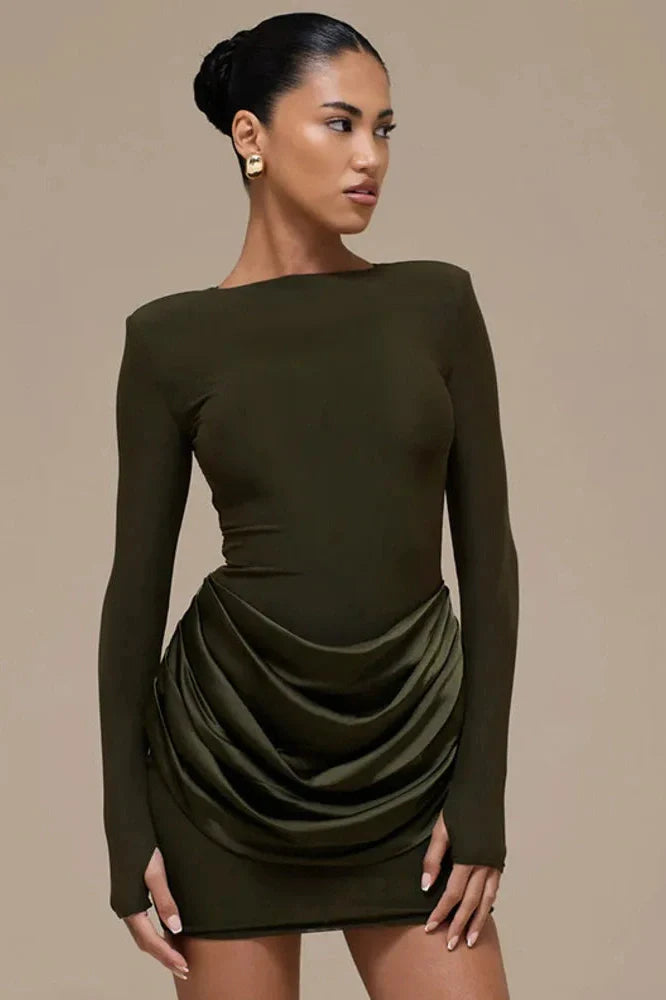 Long Sleeve Patchwork O Neck High Waist Mini Dress