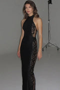 Lace Printed Backless Patchwork Off-Shoulder Sleeveless Bodycon Maxi Dress