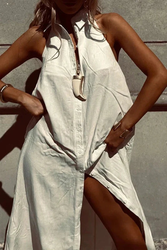 Elegant Sleeveless Button Backless Maxi Dress