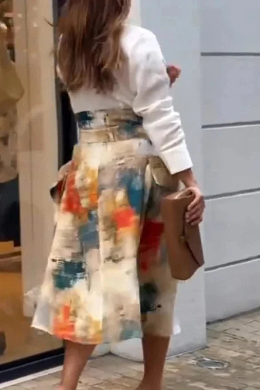 Long Sleeve Lace Up Printed High Waist Pleated Midi Dress