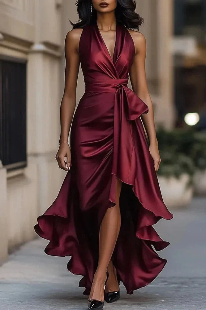 Lace Up Off Shoulder V-Neck Slim Pleated Irregular Maxi Dress