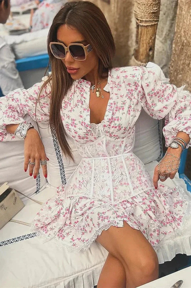 V Neck Lace Printed High Waist Long Sleeve Slim Fit Mini Dress