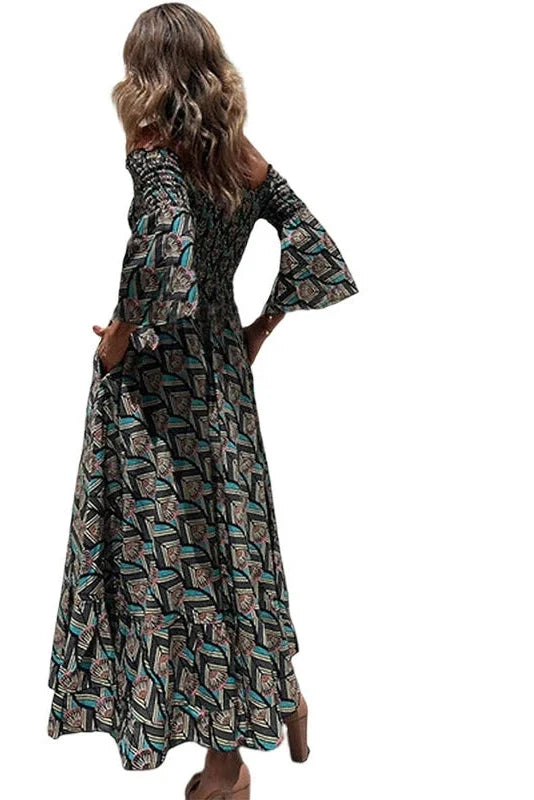 Printed Long Sleeve High Waist Pleated Midi Dress