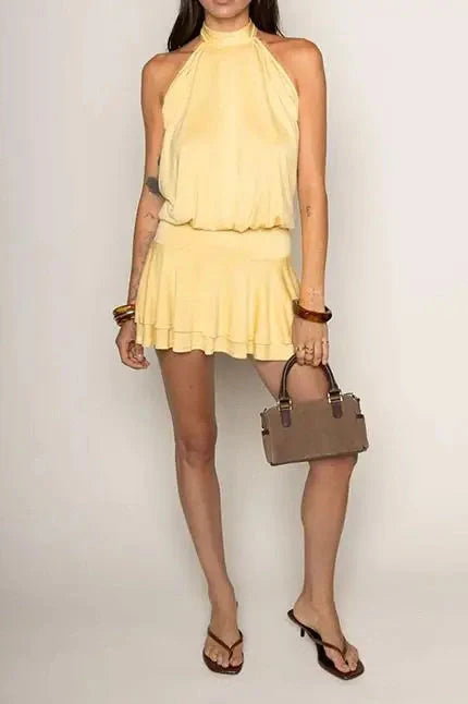 Backless Lace-Up Waist Pleated Loose Mini Dress