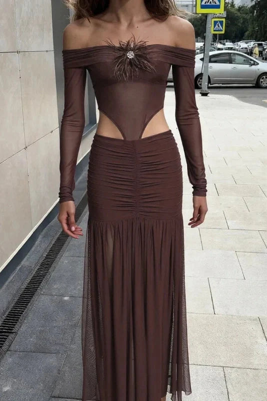 Off Shoulder Long Sleeves Slim High Waist Maxi Dress