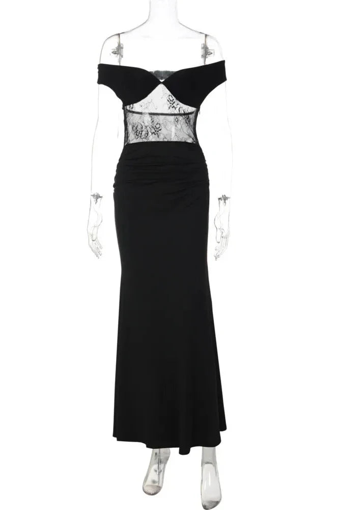 Off-Shoulder Strapless Lace See Through Sleeveless Bodycon Maxi Dress