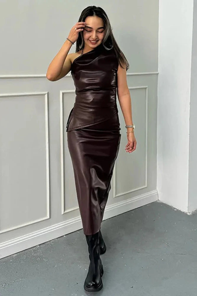 Elegant PU Leather Slim Backless Irregular Midi Dress