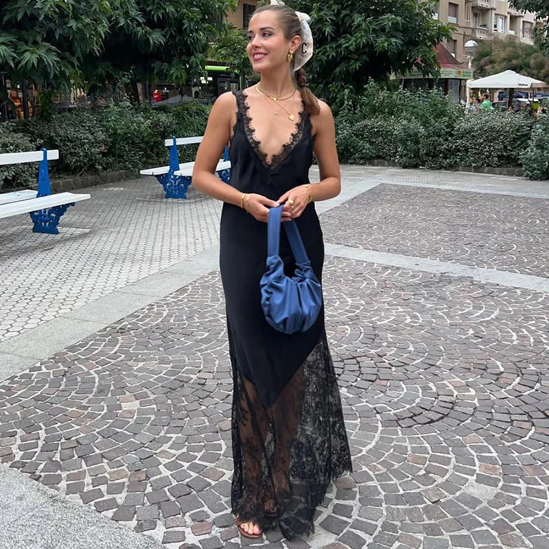 Spaghetti Strap Lace Backless Slim Maxi Dress