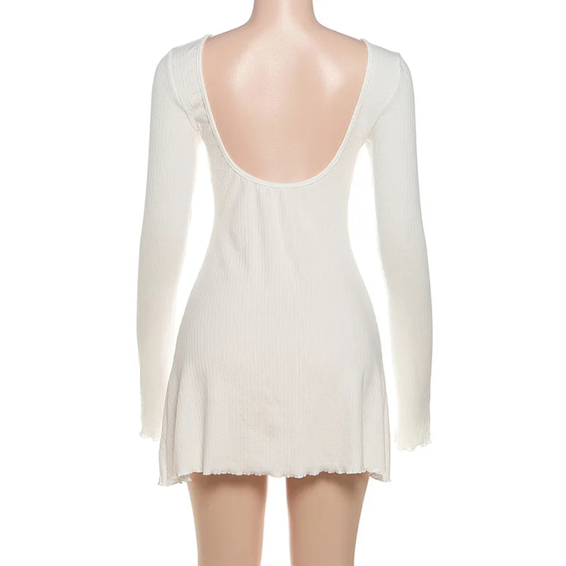 Backless Knitted Long-Sleeved Round Neck Mini Dress