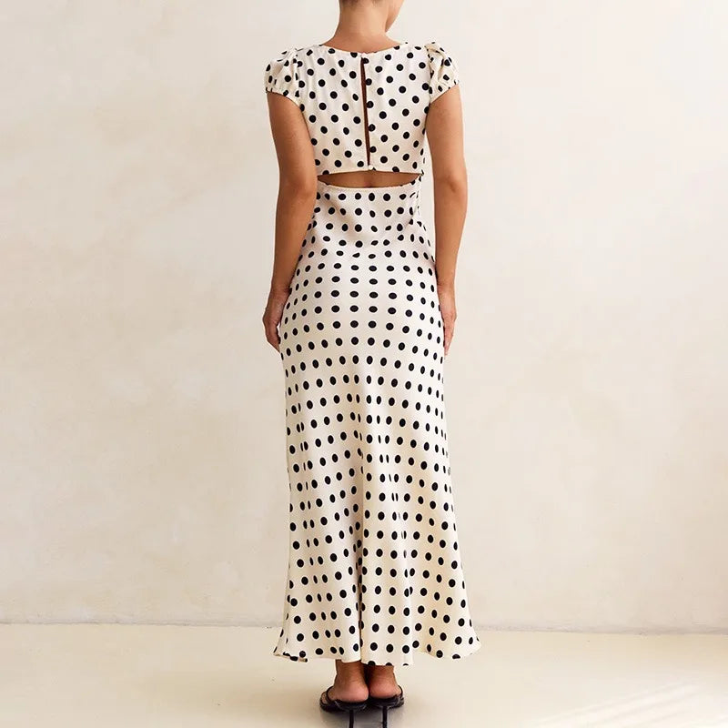 Elegant Polka Dot Patchwork Hollow Out Maxi Dress