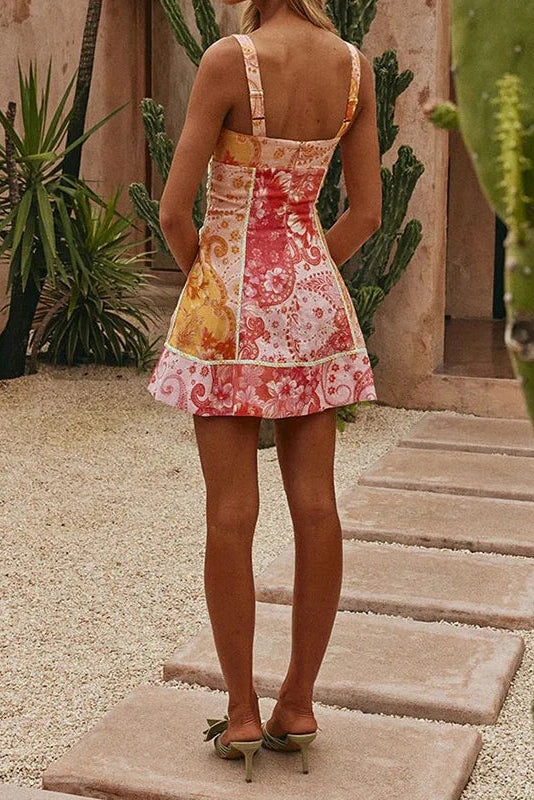 Backless Pleated Printed Sleeveless Mini Dress