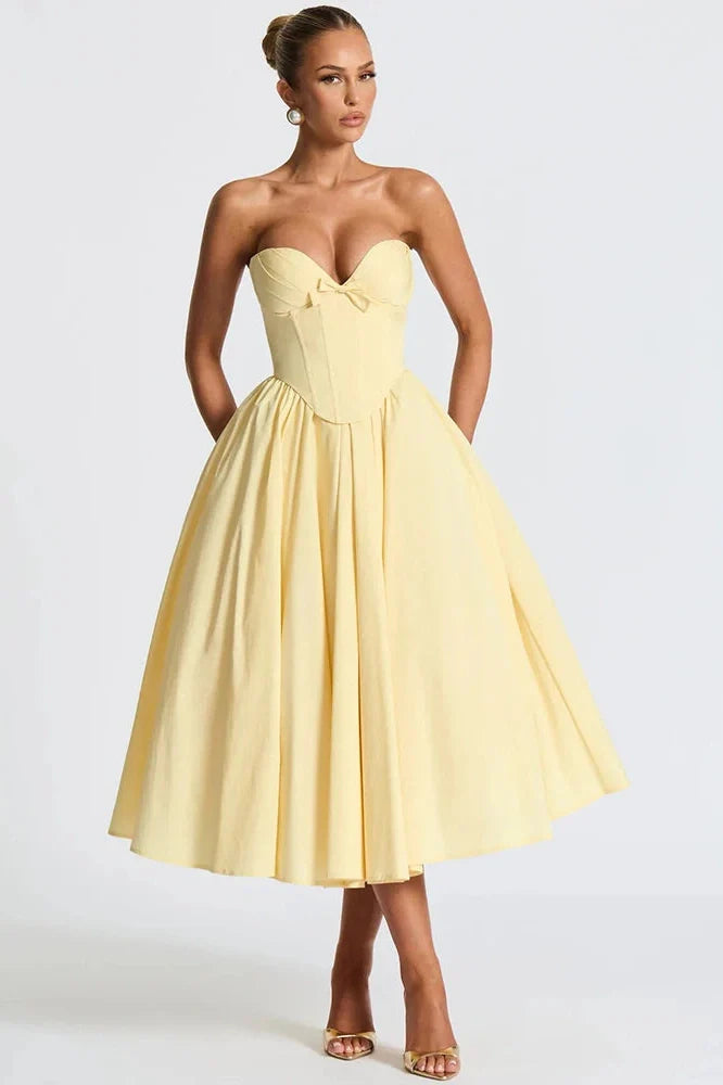 Off-Shoulder Strapless Sleeveless Backless High Waist A-line Midi Dress