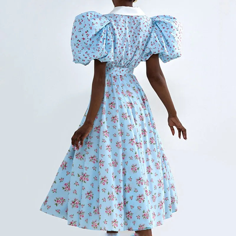 Printed V Neck High Waist A-Line Mini Dress