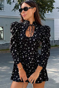 Printed Lace-Up Patchwork Long Sleeve High Waist Mini Dress