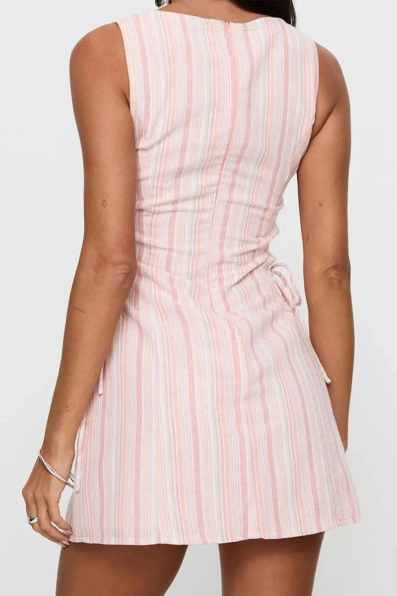 Sleeveless Stripe Print Tie-Up Mini Dress