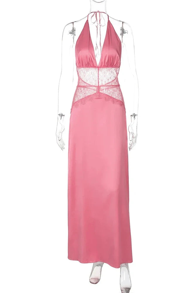 Lace Deep V-Neck Backless High Waist Slim Maxi Dress