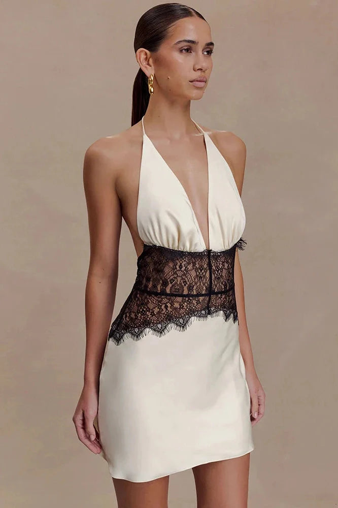 Lace Patchwork V Neck Sleeveless Backless High Waist Mini Dress