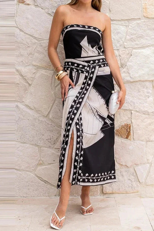 Sleeveless Printed Off-Shoulder Irregular Midi Dress