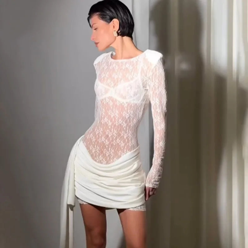 Lace See Through Ribbon Patchwork Mini Dress