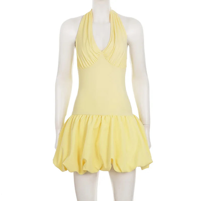 V Neck Halter Lace Up High Waisted Mini Dress