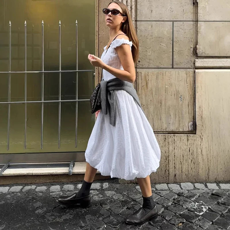 Off Shoulder Slim A-line Midi Dress