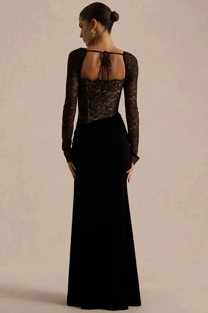Lace Velvet Square-Neck See Through Long Sleeve Split Maxi Dress