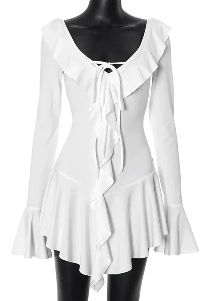 Lace-Up V-Neck Patchwork Long Sleeve Slim Mini Dress