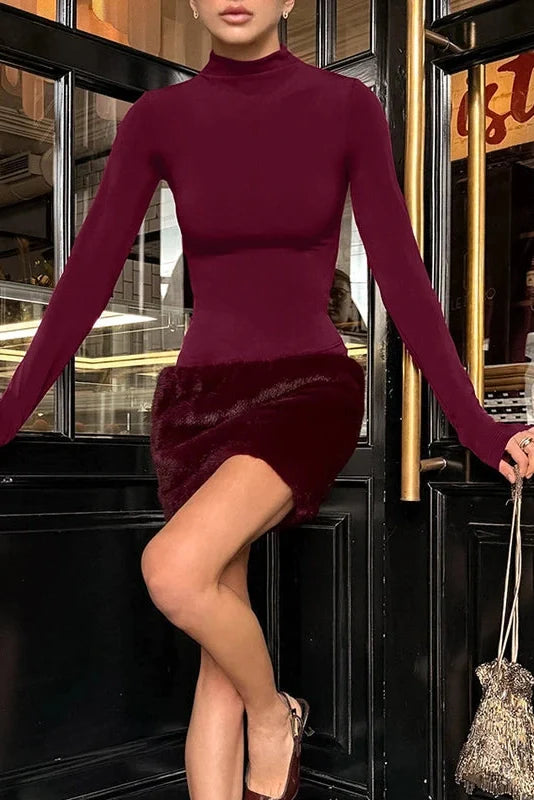 Elegant Slim High Collar Long Sleeve Mini Dress