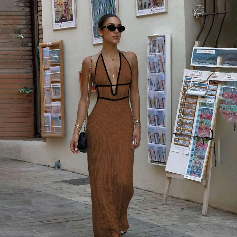 Backless Lace-Up V-Neck Sleeveless Maxi Dress