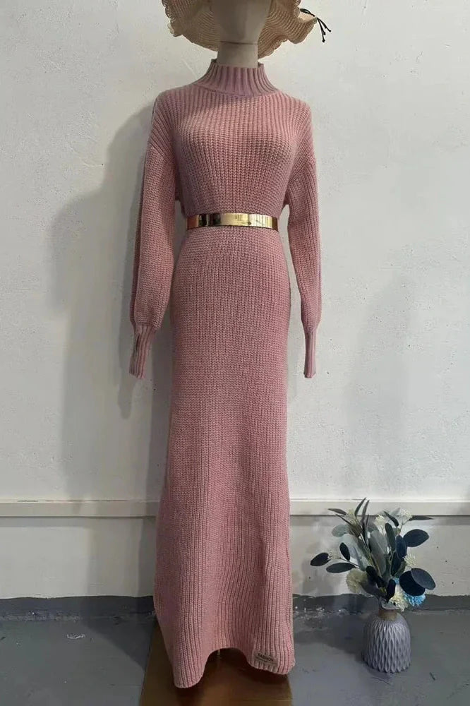 Elegant Knitted Turtleneck Long Sleeve Maxi Dress