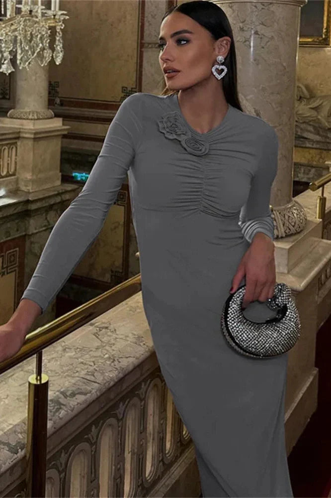 Patchwork Long Sleeve Backless Slim Maxi Dress