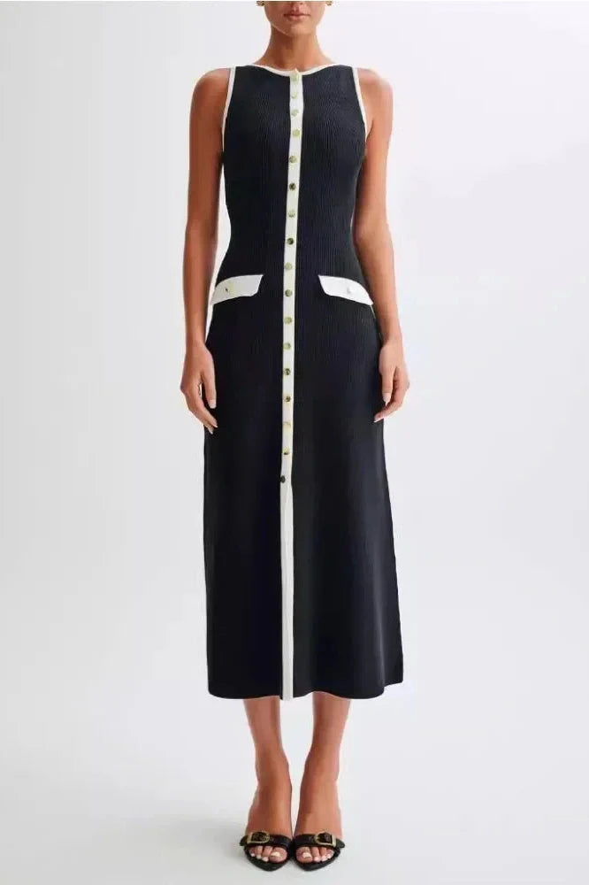 Sleeveless Patchwork High Waist Pocket Maxi Dress