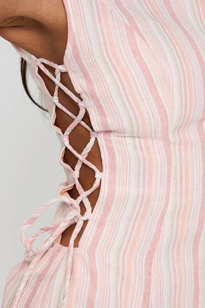 Sleeveless Stripe Print Tie-Up Mini Dress