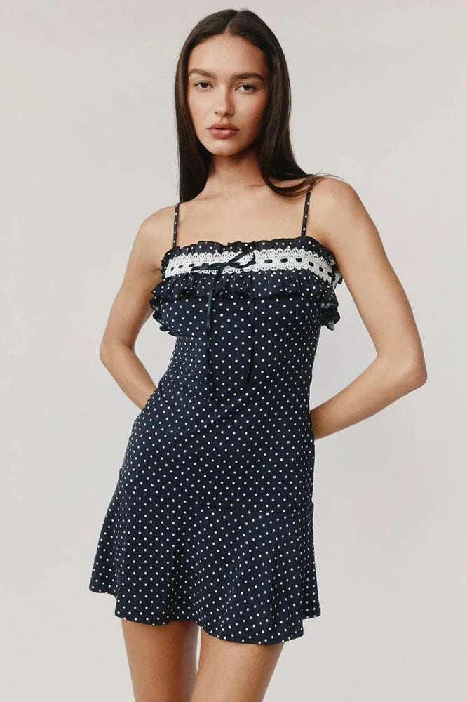 Spaghetti Strap Polka Dot Off-Shoulder Sleeveless Backless Mini Dress