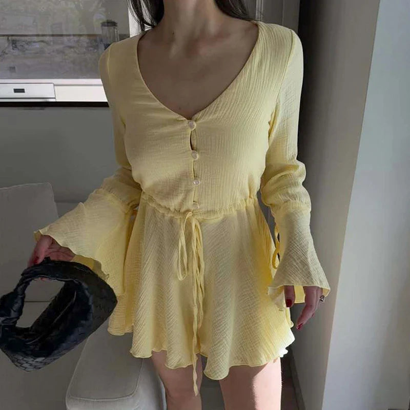 Long Sleeve Lace High Waist V-Neck Loose Mini Dress