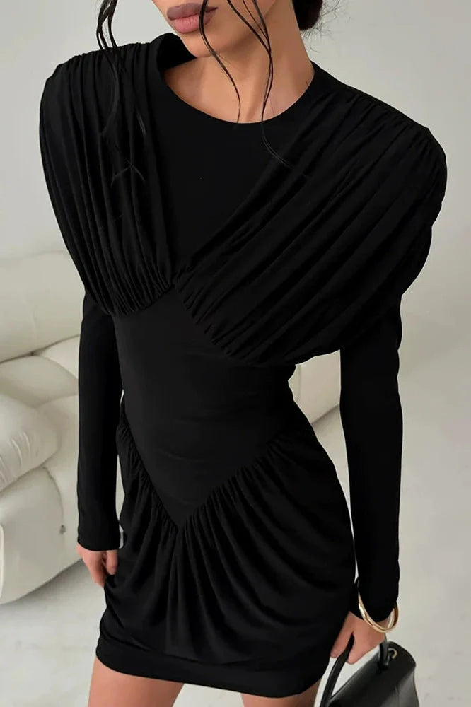 O-Neck High Waist Pleated Mini Dress